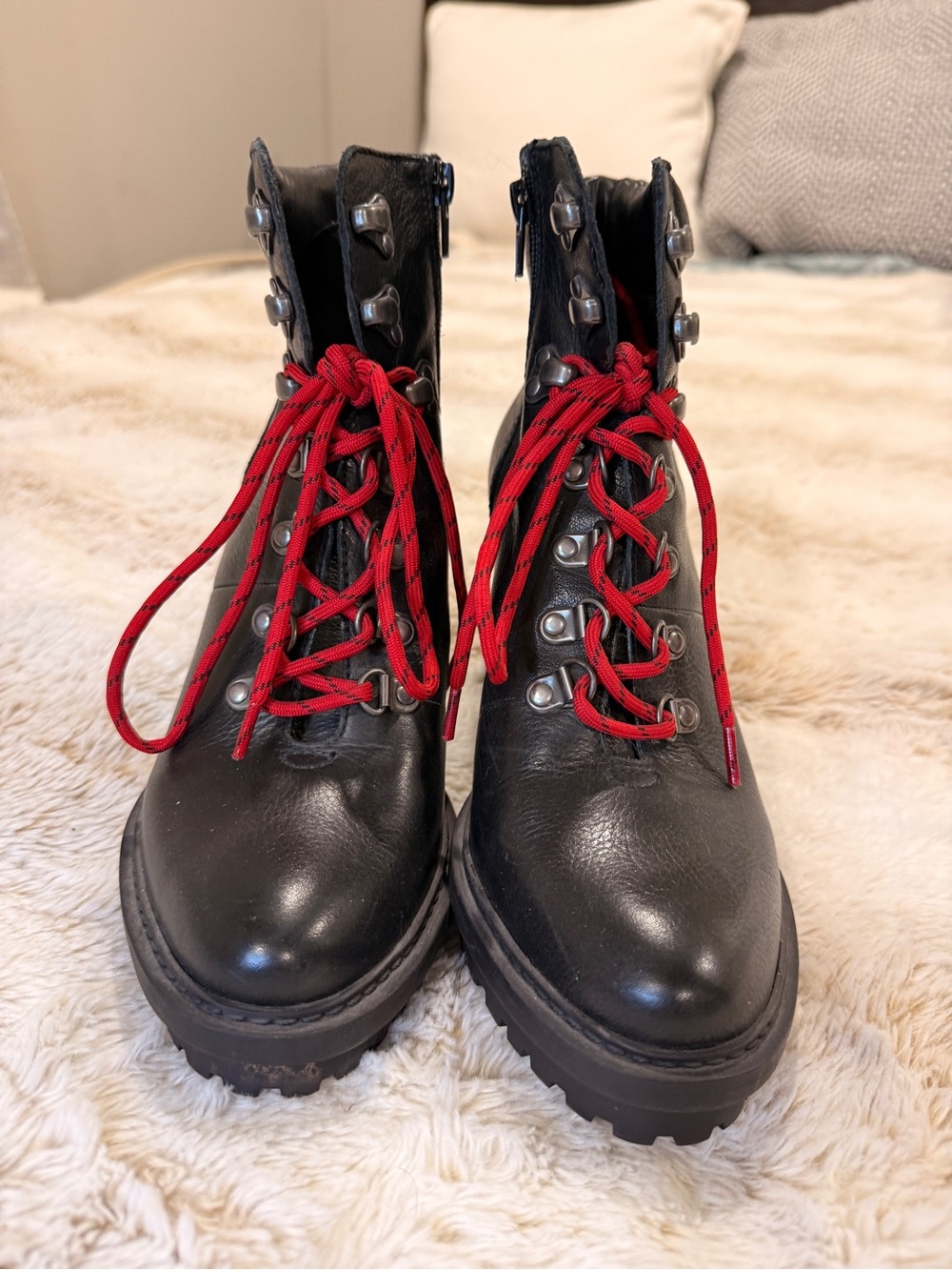 Lucky Brand Black Leather Combat Boots with Red Laces